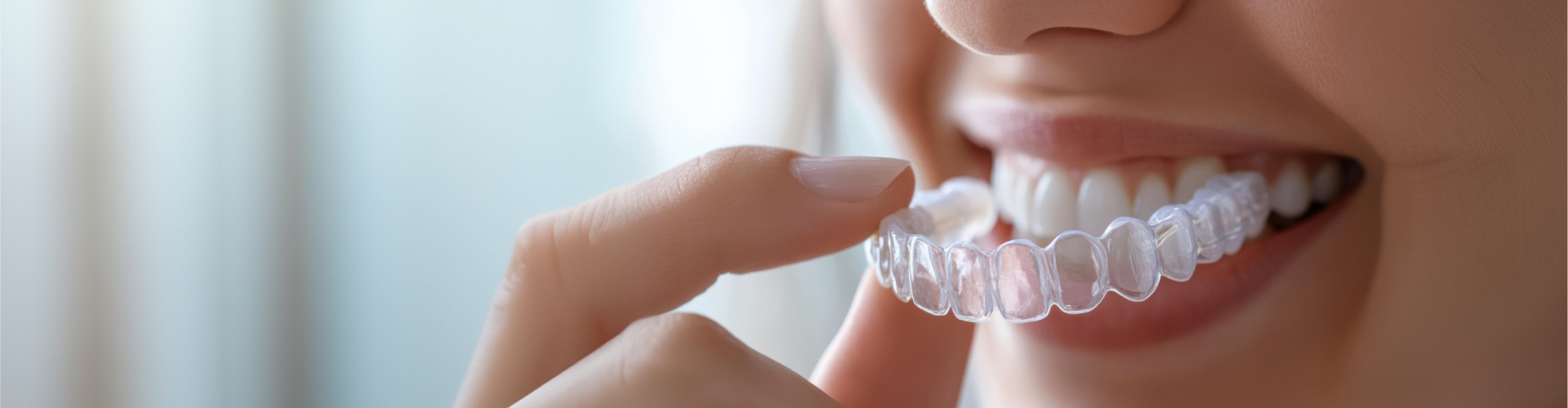 Woman placing clear aligner into her mouth.